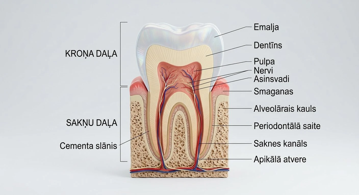 Zoba uzbūves shēma: kroņa daļā emalja, dentīns un pulpa ar nerviem un asinsvadiem, sakņu daļā cementa slānis, periodontālā saite, saknes kanāls un apikālā atvere